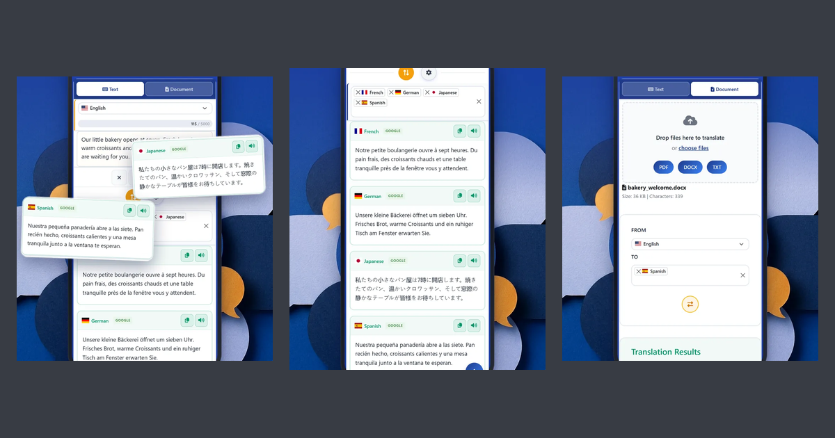 Three screens of the translation app from this case study: one text translated into several languages, all results in one list, and document translation.