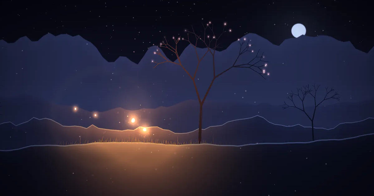 Game scene built by the Rui Codex team: a glowing ember and two small lights on a grassy hill at night, with a bare tree, distant mountains and a full moon.