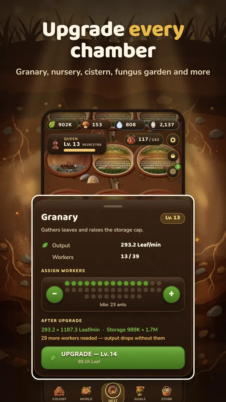Granary upgrade panel showing leaf output per minute, assigned workers and the next level