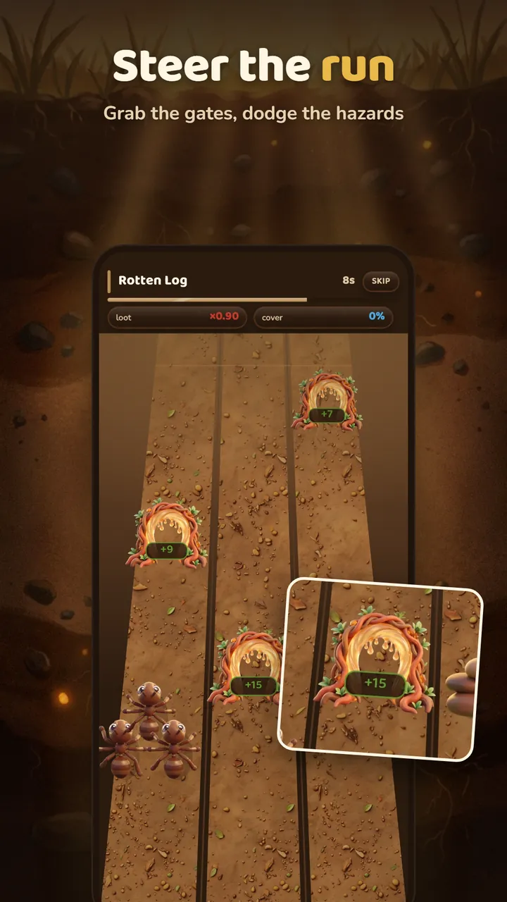 A steered expedition run through the Rotten Log, with ants passing through reward gates