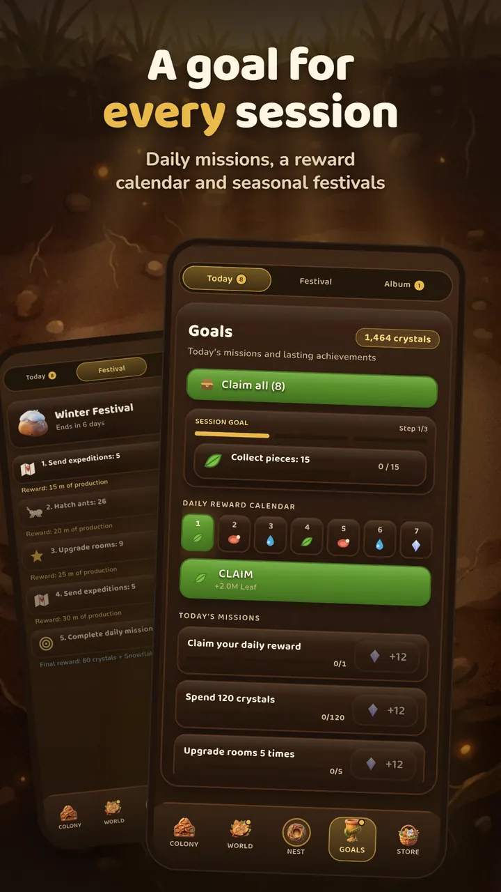 Goals screen with a daily reward calendar, today's missions and a Winter Festival panel