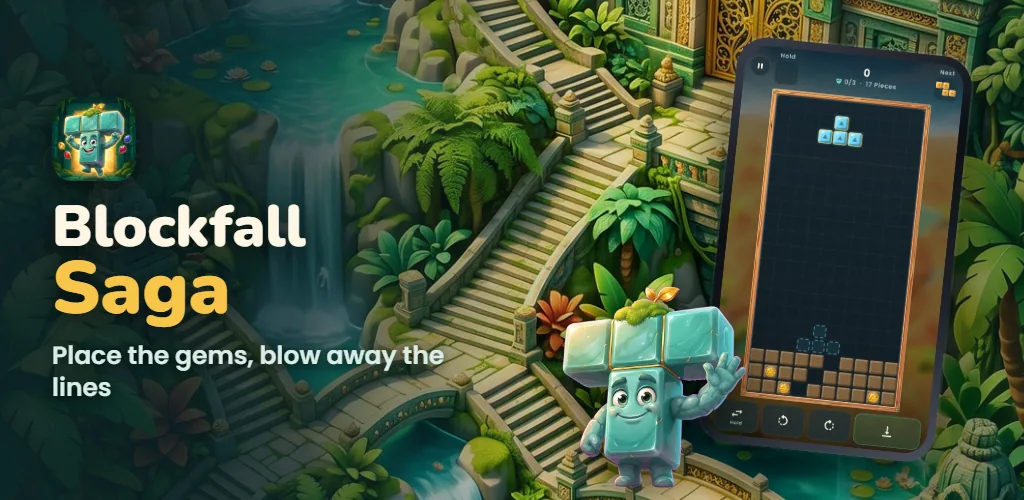 Blockfall Saga — A falling-block puzzle in a sunlit lost temple, with 120 stages and four arcade modes