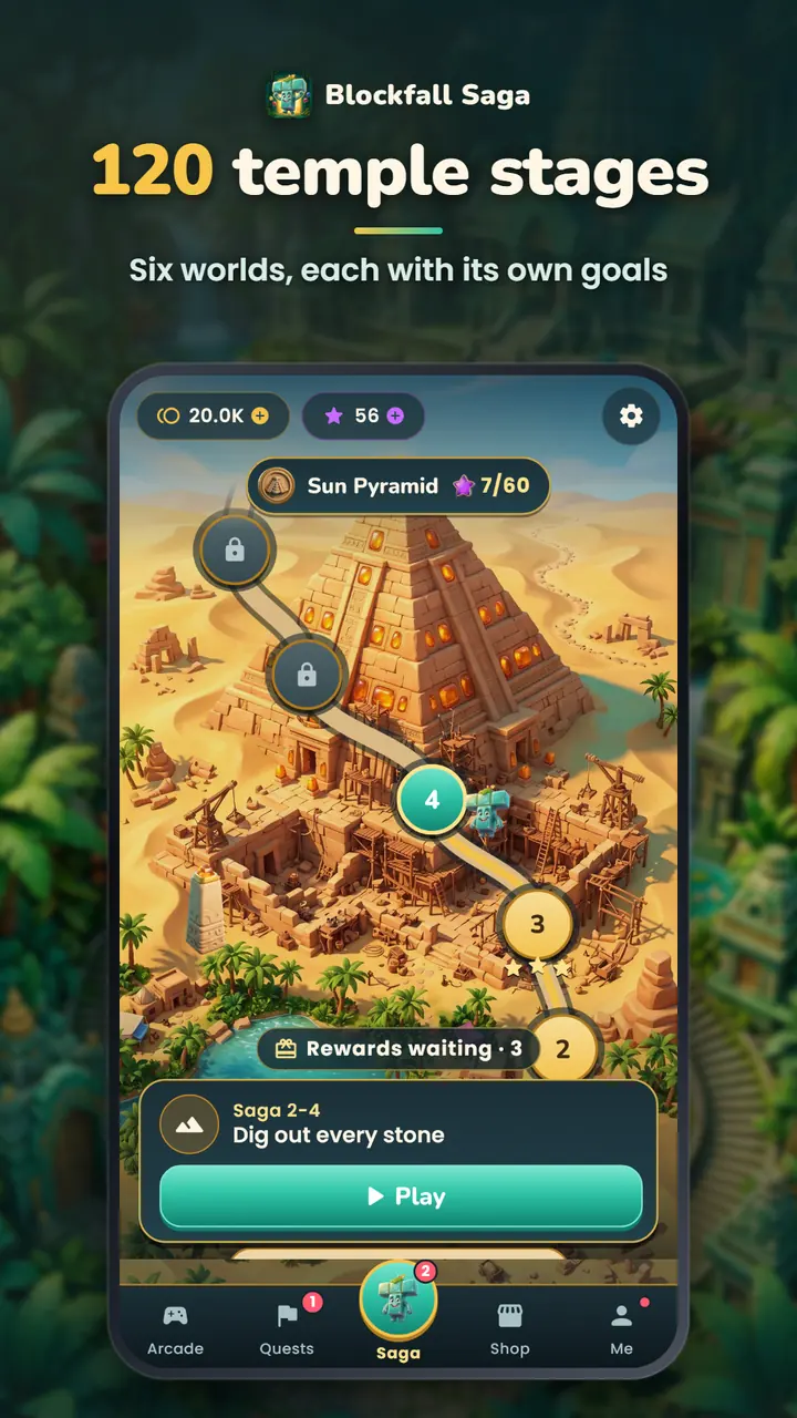 The Saga map of the Sun Pyramid world with numbered stages and stage 2-4, Dig out every stone, ready to play