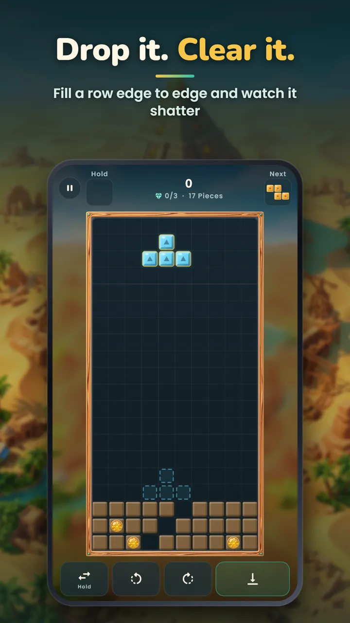 A turquoise T-block falling towards rows of carved stone blocks with gold gems buried in them