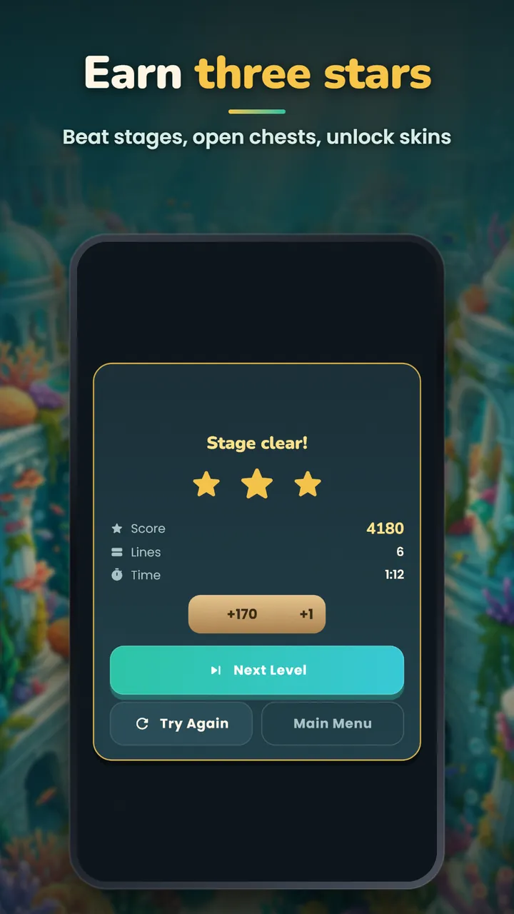A Stage clear screen with three stars, a score of 4,180, 6 lines and a time of 1:12