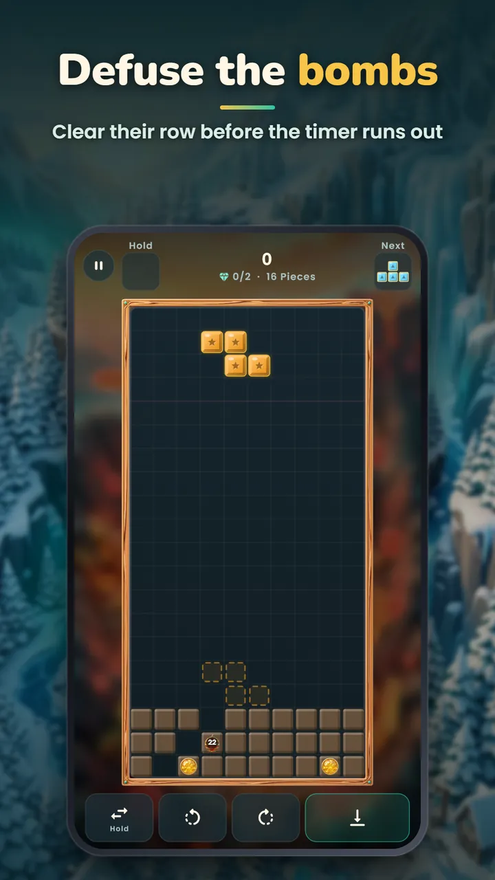 A bomb stage where orange blocks fall towards a stone row holding a bomb with a countdown