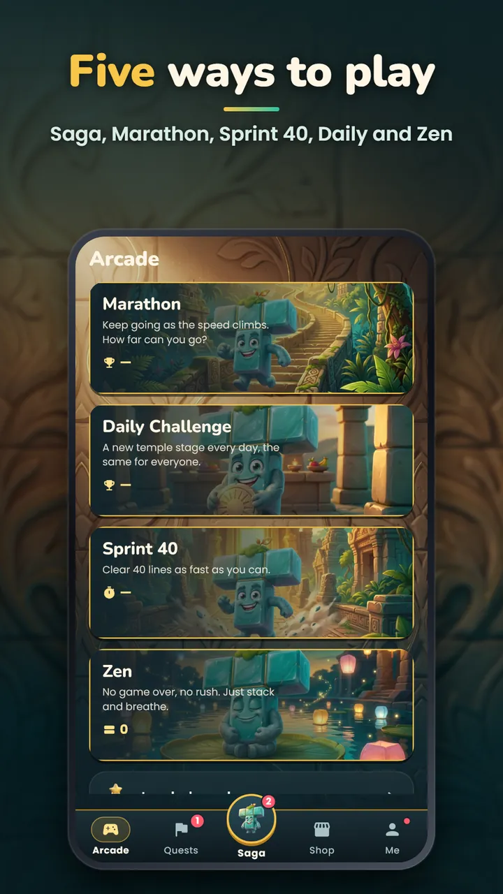 The Arcade menu with Marathon, Daily Challenge, Sprint 40 and Zen