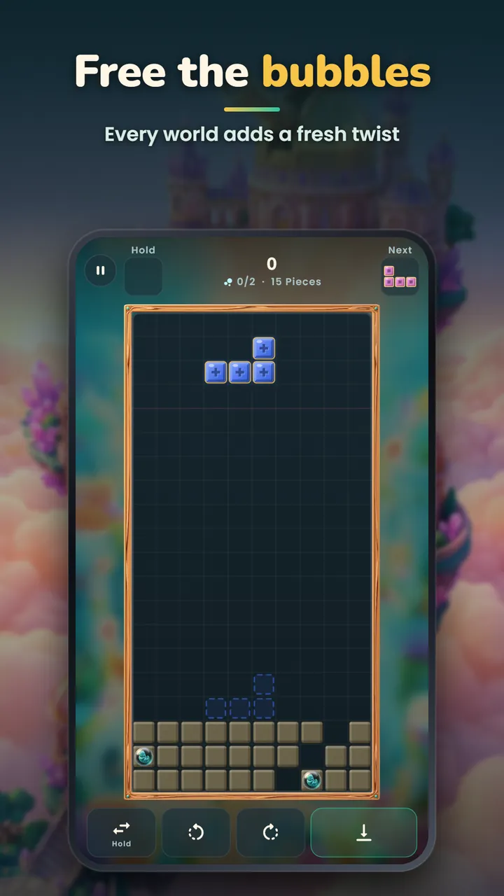 A bubble stage with trapped bubbles in the stone rows and a blue T-block falling