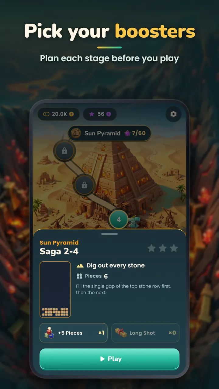 The stage preview for Saga 2-4 in the Sun Pyramid with the +5 Pieces and Long Shot boosters