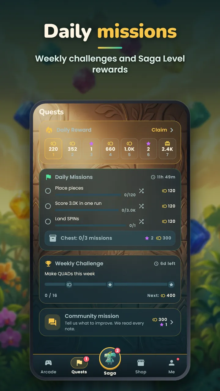 The Quests screen with a daily reward calendar, daily missions and a weekly challenge to make QUADs