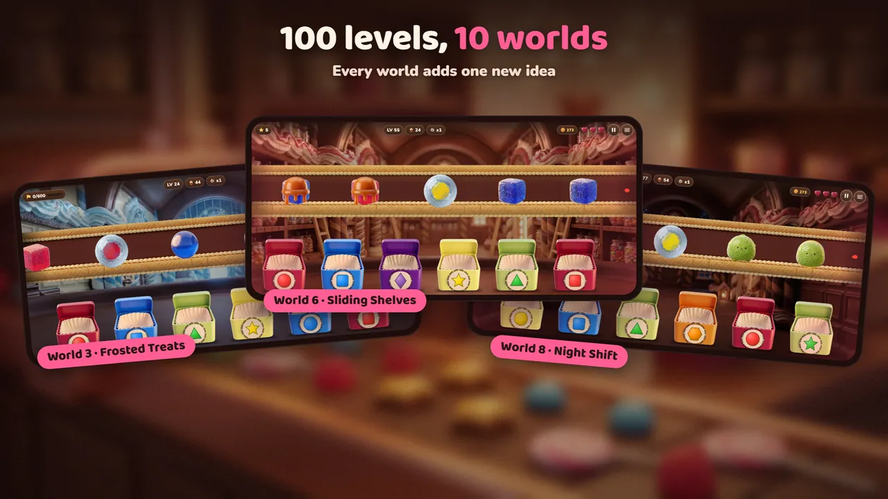 Three levels from different worlds, including Frosted Treats, Sliding Shelves and Night Shift