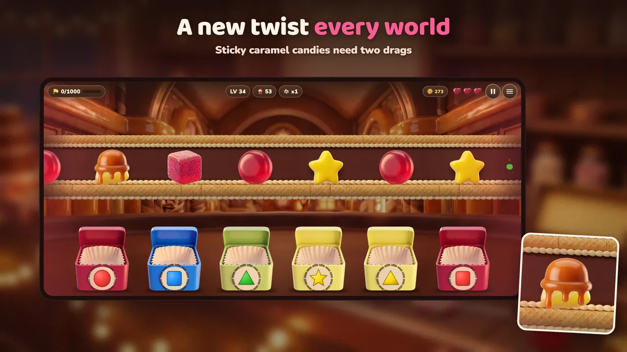 A level with sticky caramel candies that need two drags, above six sorting boxes