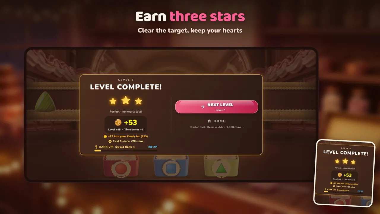 Level complete screen with three stars and the coins earned