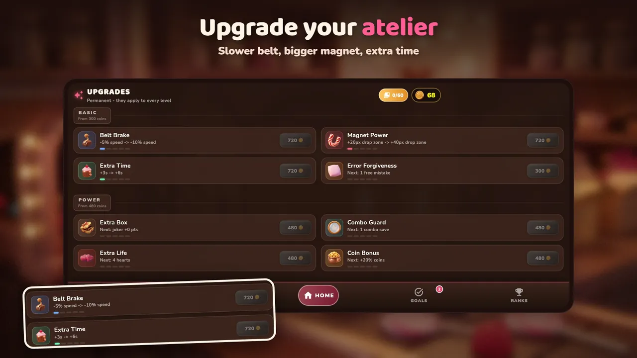 Atelier upgrades menu with belt brake, extra time, magnet power and extra life upgrades