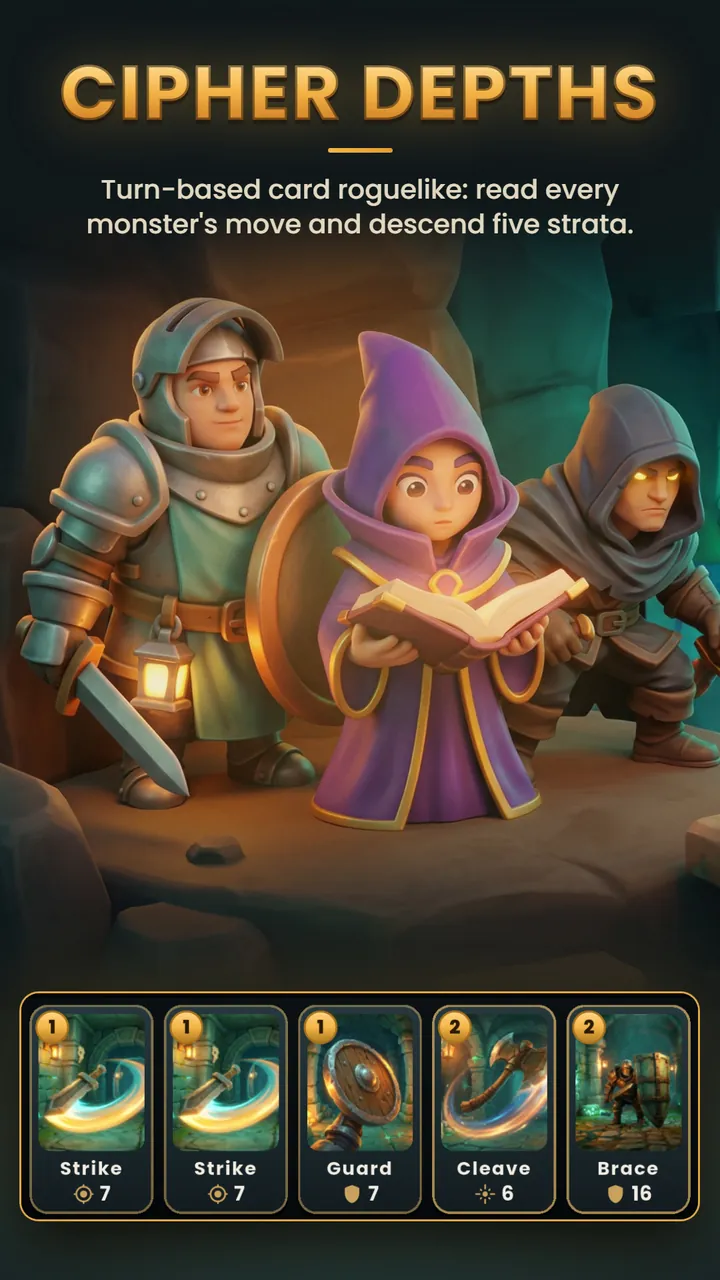 Cipher Depths key art with the Warden, the Arcanist and the Shade in a cave above a hand of five cards