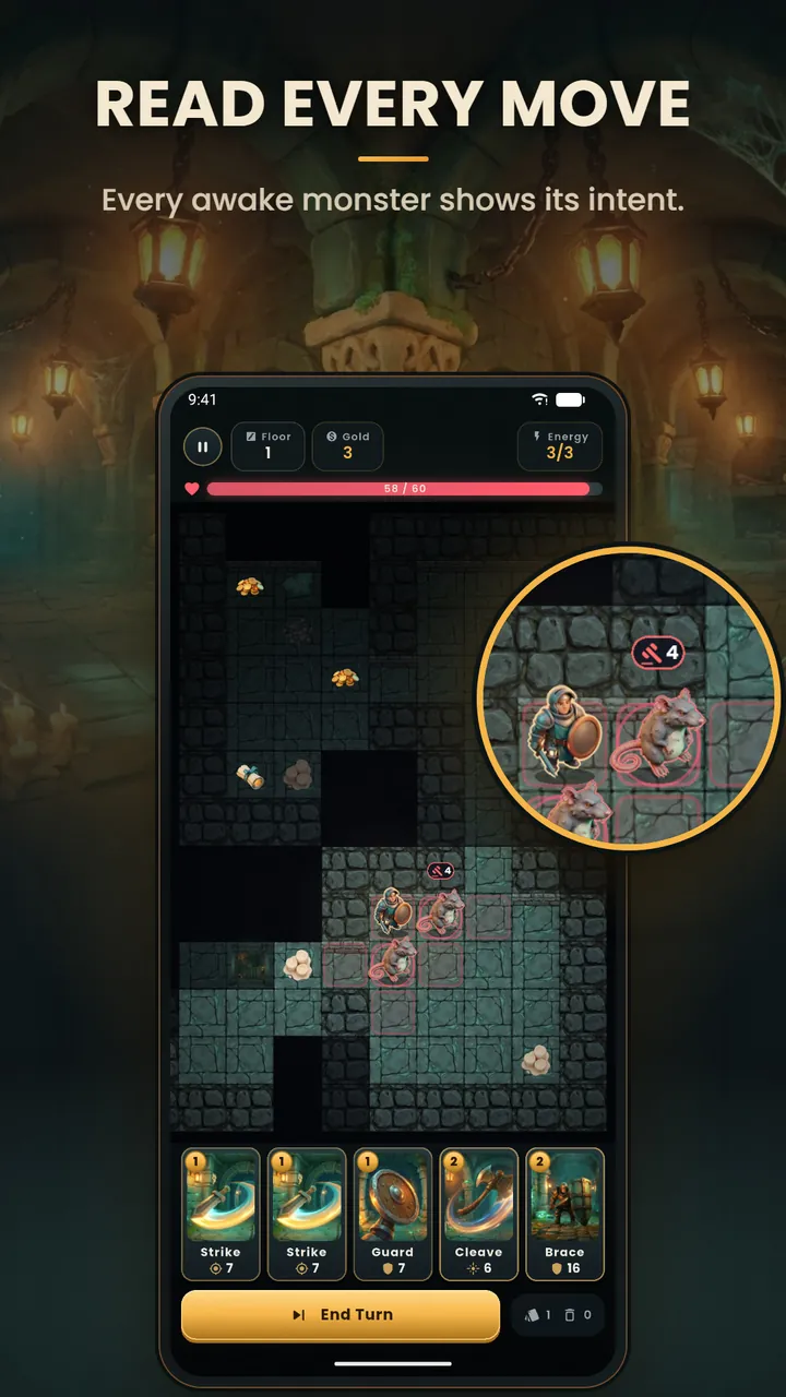 A dungeon floor where a rat shows its attack intent next to the hero, with the hand of cards and the End Turn button