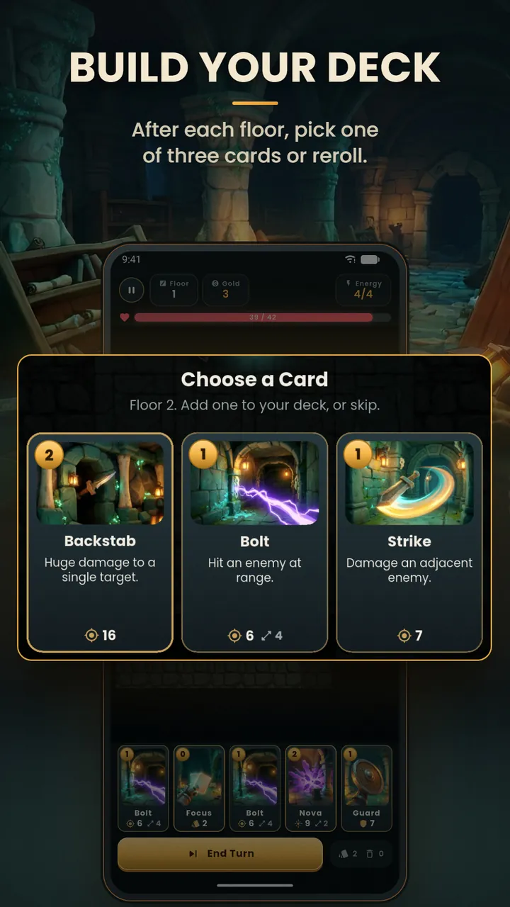 The Choose a Card screen after a floor, offering Backstab, Bolt and Strike