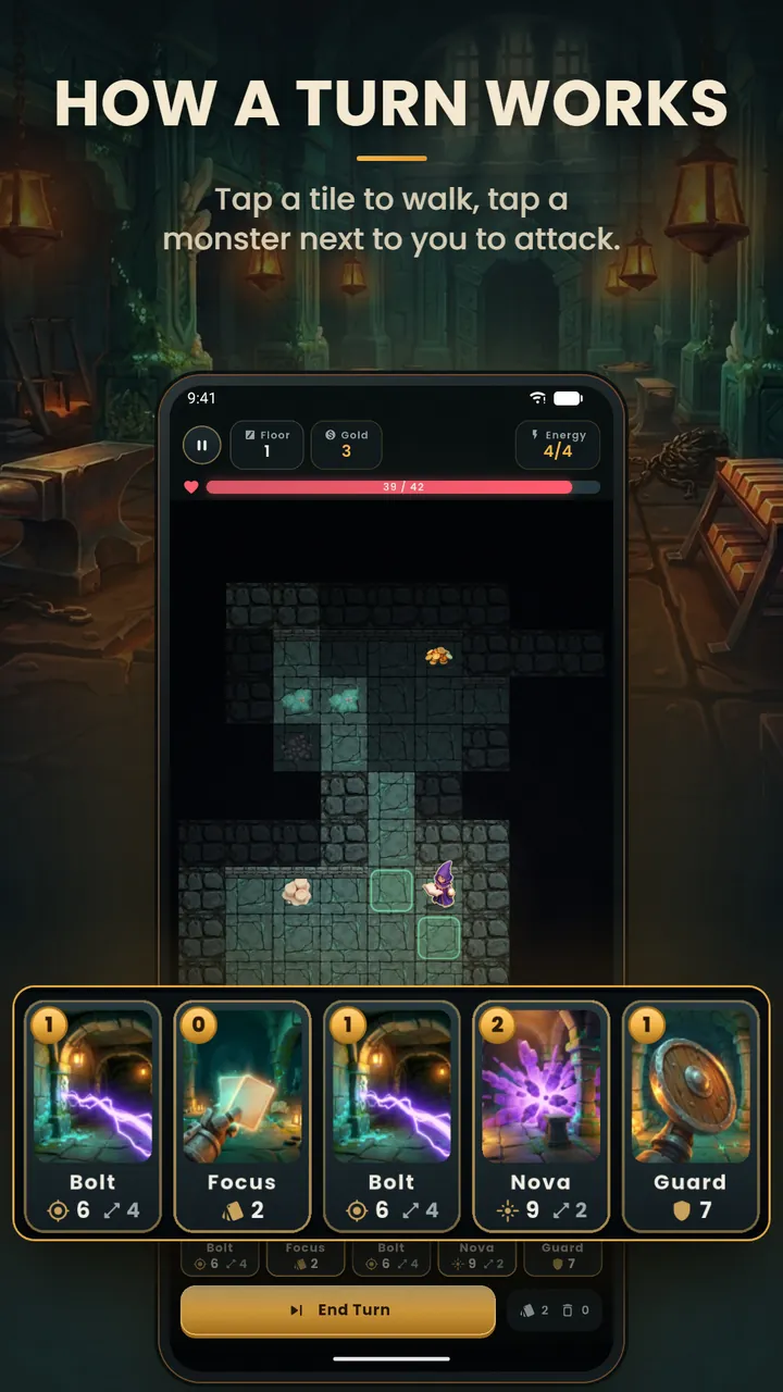 The Arcanist in a dungeon corridor with walkable tiles highlighted and a hand of Bolt, Focus, Nova and Guard cards