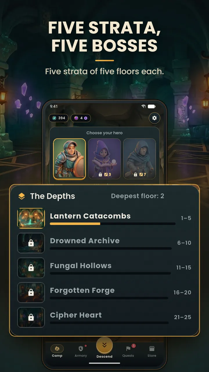 The Depths map with five strata, Lantern Catacombs, Drowned Archive, Fungal Hollows, Forgotten Forge and Cipher Heart