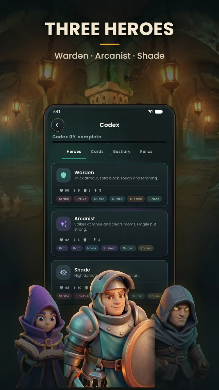 The Codex page for the three heroes, with each hero's stats and starting cards