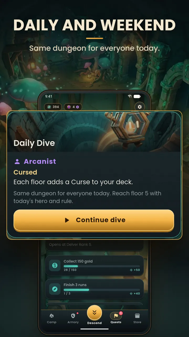 The Daily Dive card with the day's hero and Cursed rule, above the daily missions