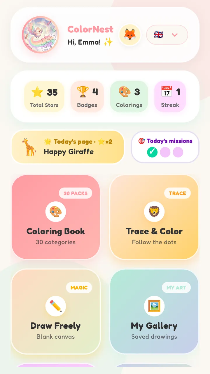 ColorNest home screen greeting Emma, with stars, badges, colorings and streak counters, today's Happy Giraffe page and the main menu tiles