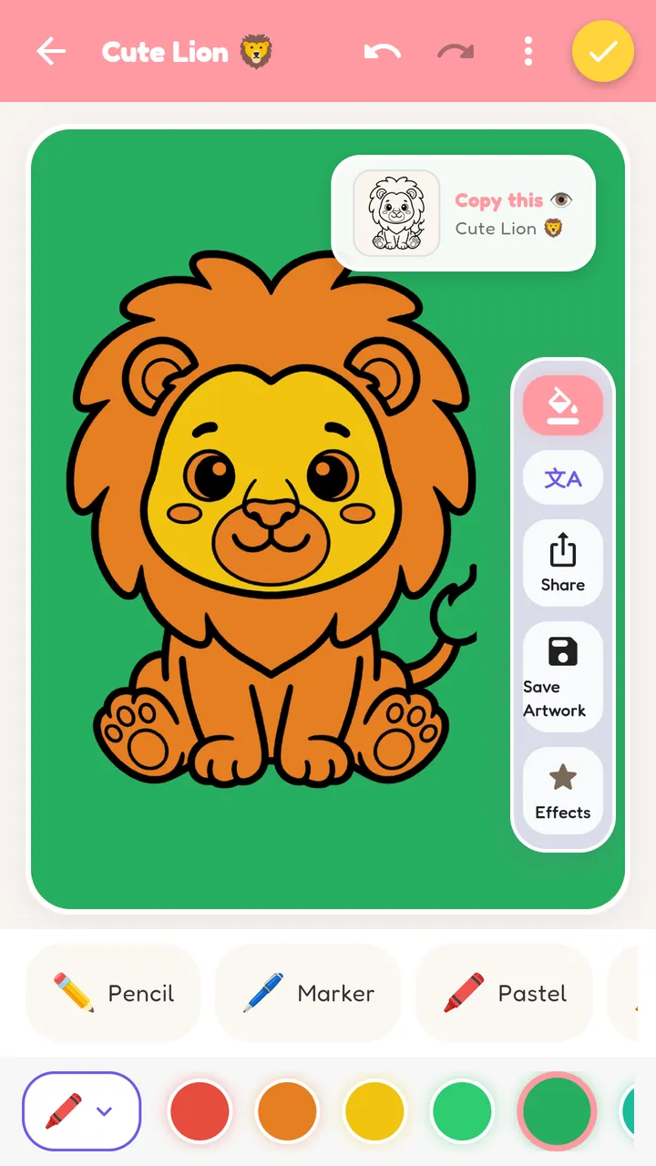 A cute lion colored orange and yellow on a green background, with pencil, marker and pastel tools and a color palette