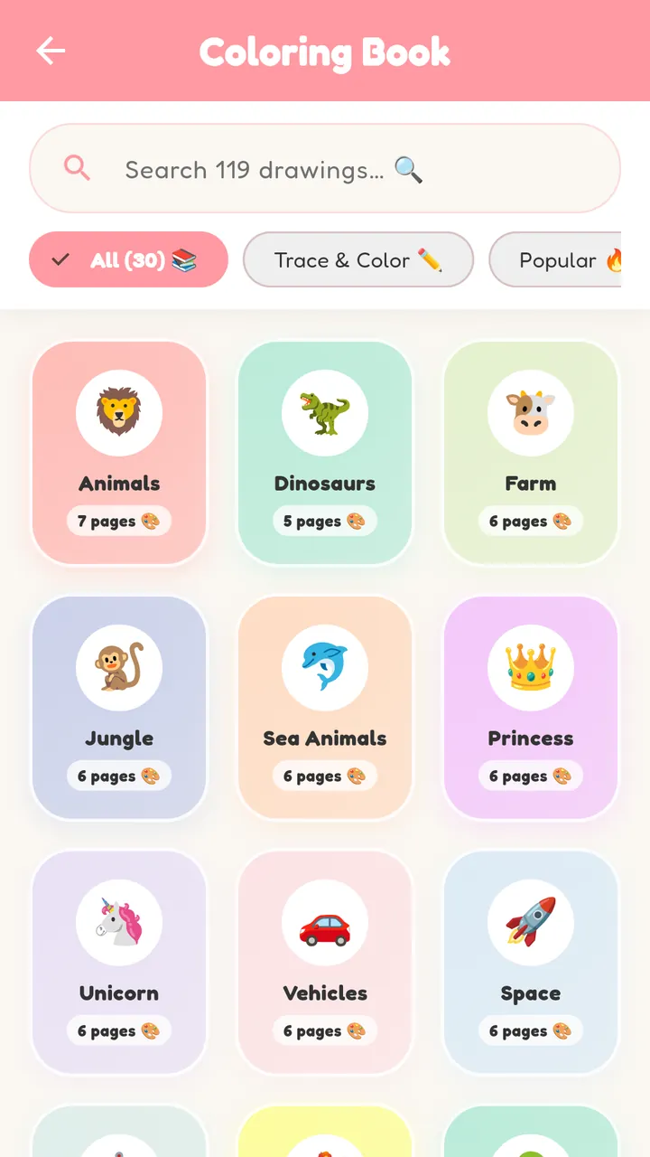 The Coloring Book category grid with Animals, Dinosaurs, Farm, Jungle, Sea Animals, Princess, Unicorn, Vehicles and Space