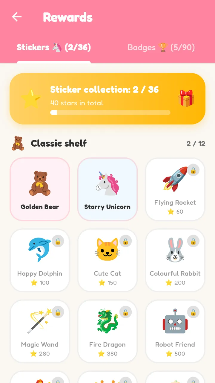 The Rewards screen with the classic sticker shelf, two unlocked stickers and locked ones with their star costs