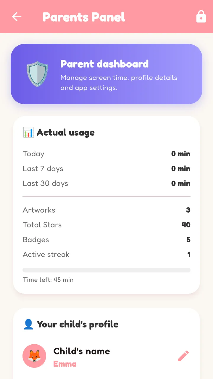 The Parents Panel showing actual usage for today, the last 7 days and the last 30 days, with artworks, stars, badges and time left