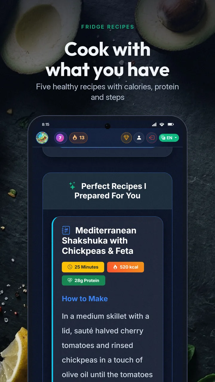 Fridge recipe for Mediterranean shakshuka with chickpeas and feta: 25 minutes, 520 kcal, 28 g protein