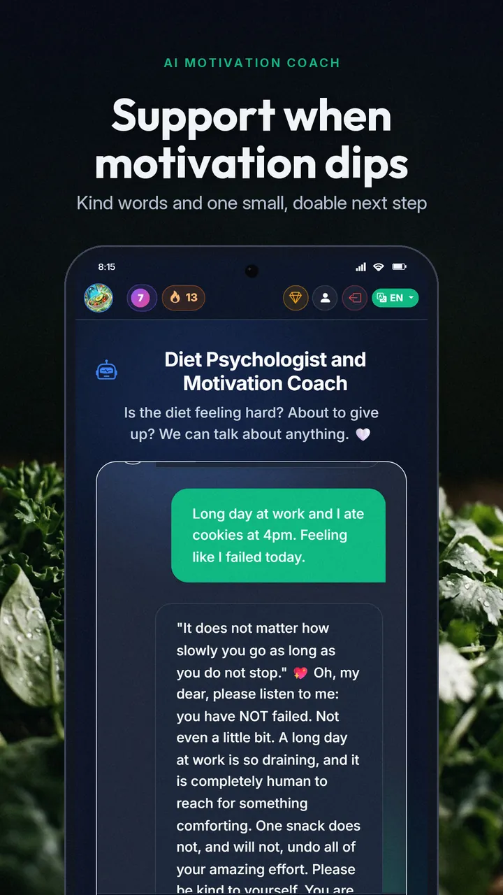AI motivation coach replying kindly to a message about eating cookies after a long day
