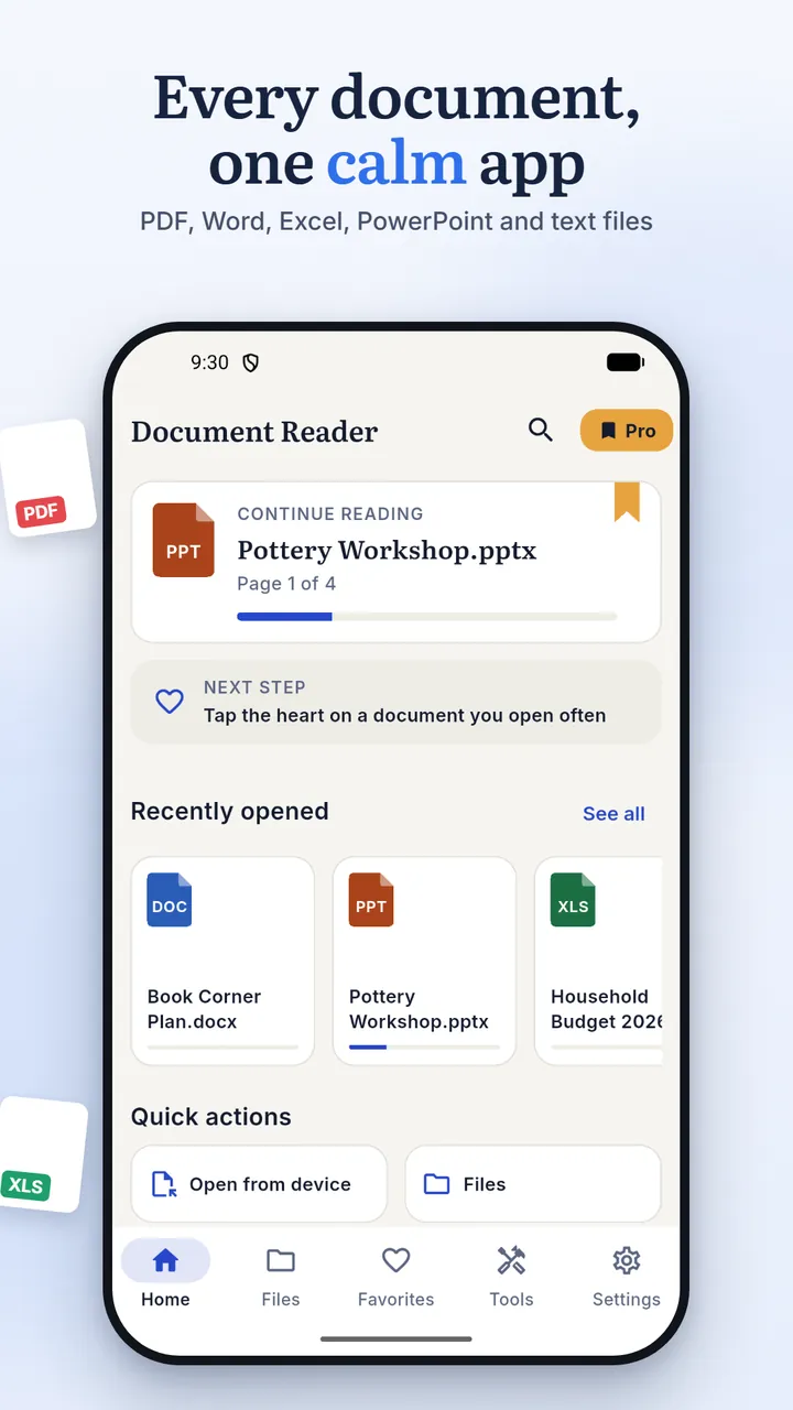 Home screen with a Continue reading card for Pottery Workshop.pptx, recently opened Word, PowerPoint and Excel files and quick actions