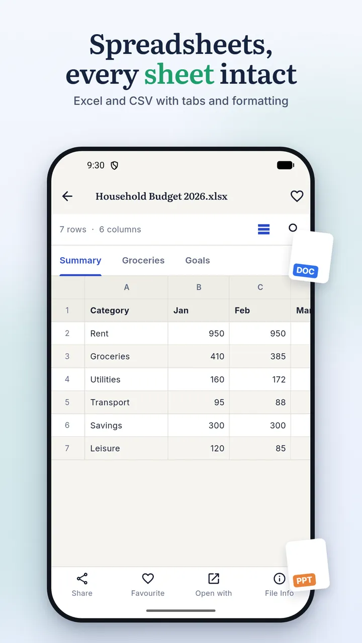 An Excel household budget with Summary, Groceries and Goals tabs and rows for rent, groceries, utilities and savings