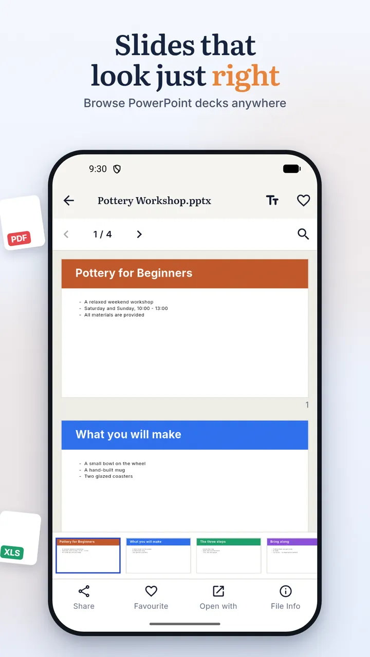 A PowerPoint deck titled Pottery for Beginners, with slides stacked vertically and a thumbnail strip below
