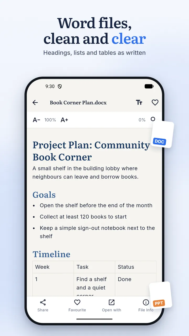 A Word project plan for a community book corner, with headings, a bulleted list, a timeline table and text size controls