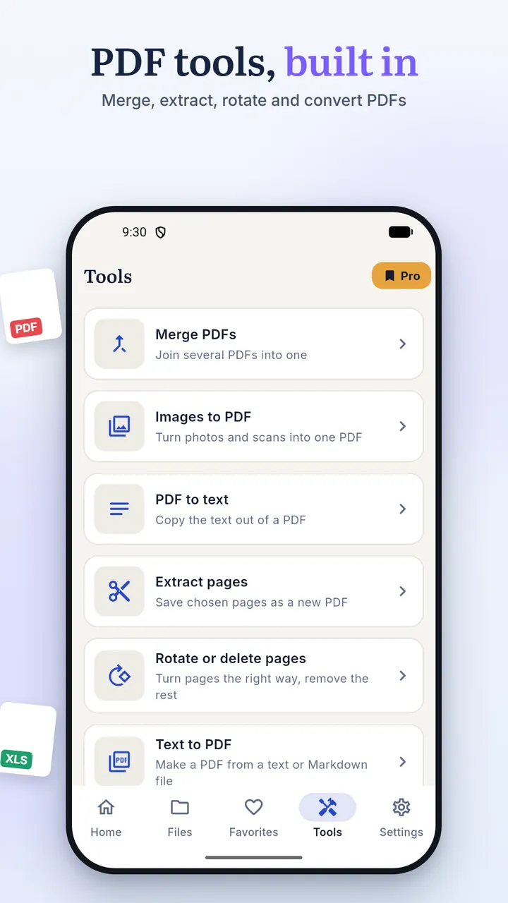 The Tools screen with Merge PDFs, Images to PDF, PDF to text, Extract pages, Rotate or delete pages and Text to PDF