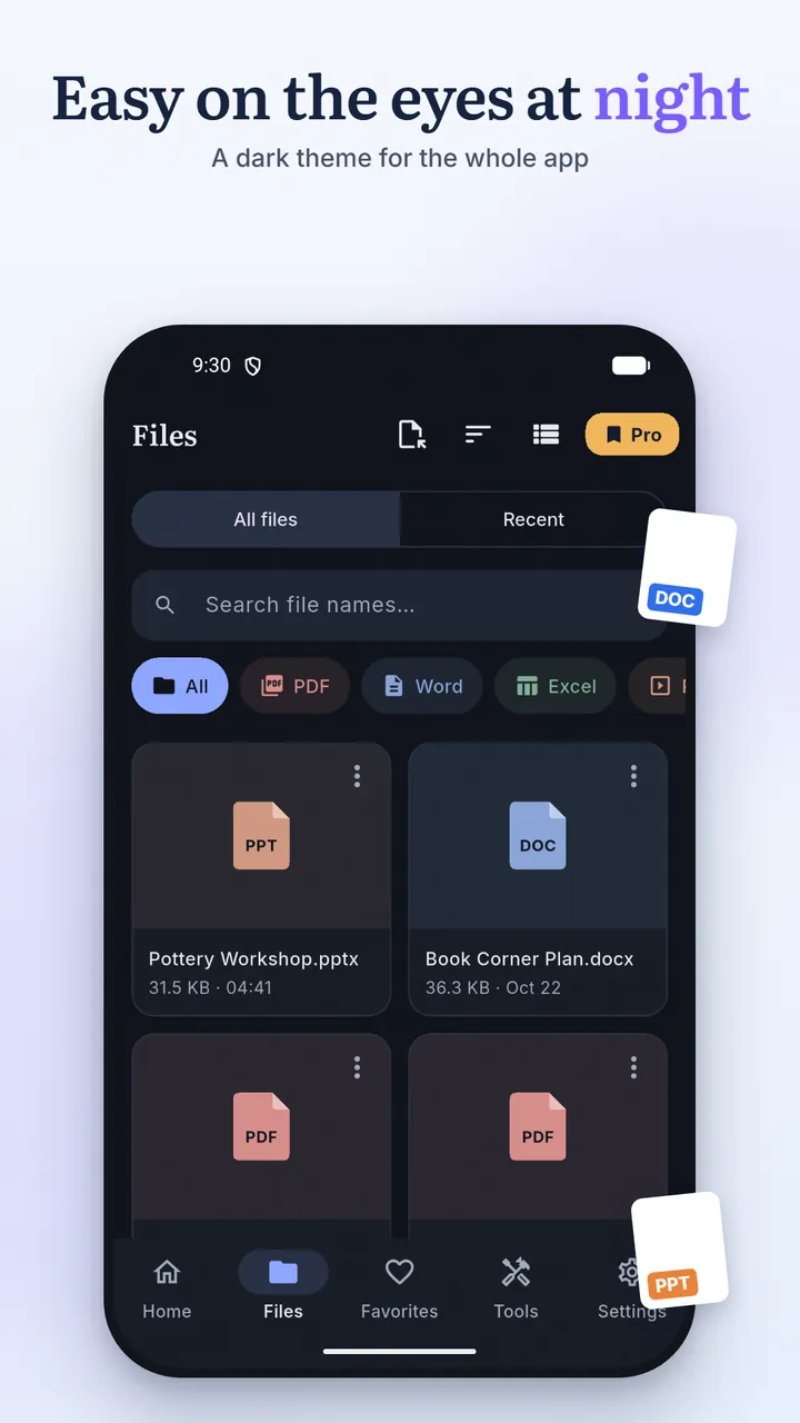 The Files screen in the dark theme, with filters for PDF, Word and Excel and a grid of documents