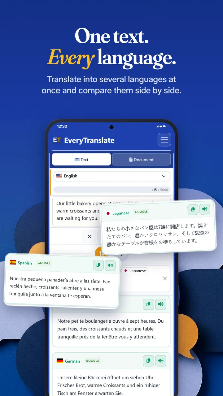 One English text translated into Japanese, Spanish, French and German at the same time in EveryTranslate