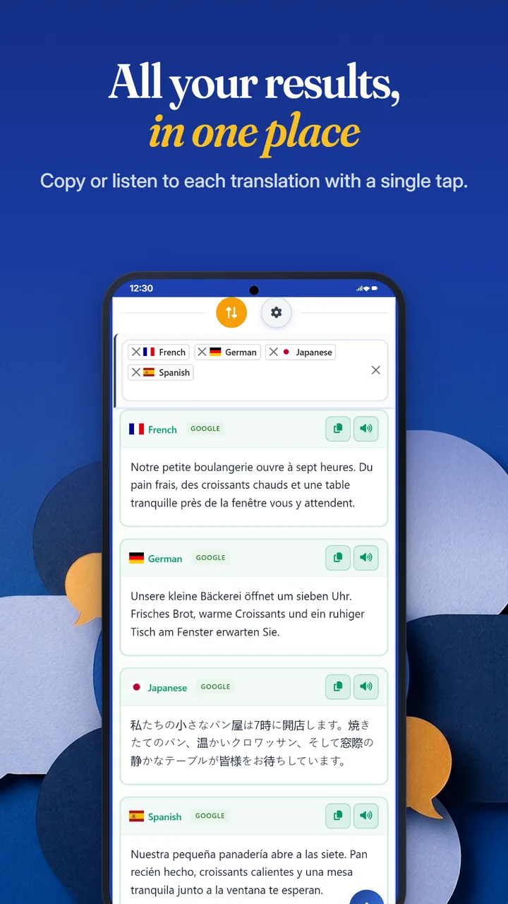 Results list with French, German, Japanese and Spanish translations, each with copy and listen buttons