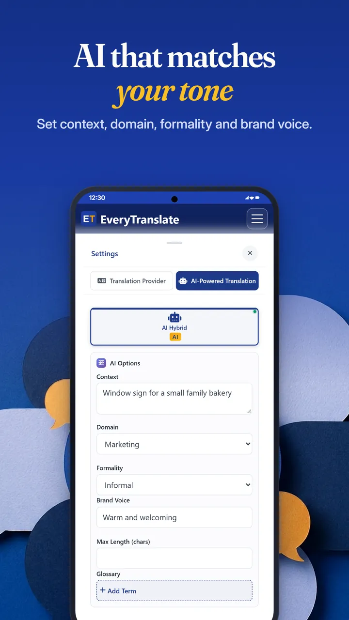 AI-powered translation settings with fields for context, domain, formality, brand voice and a glossary