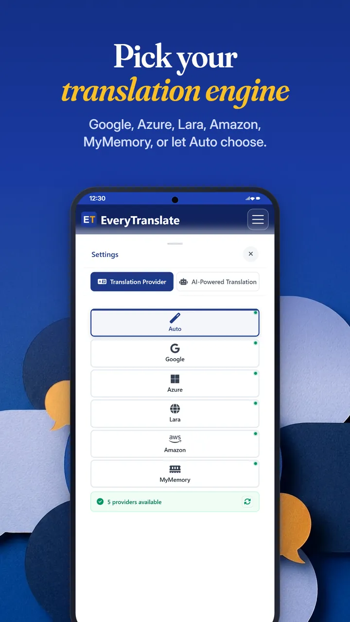 Translation provider settings listing Auto, Google, Azure, Lara, Amazon and MyMemory