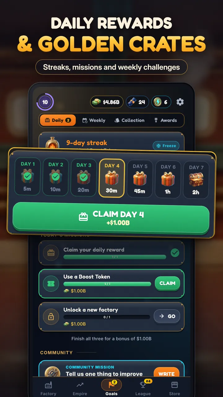 Daily rewards screen with a 9-day streak, a seven-day reward calendar and daily missions