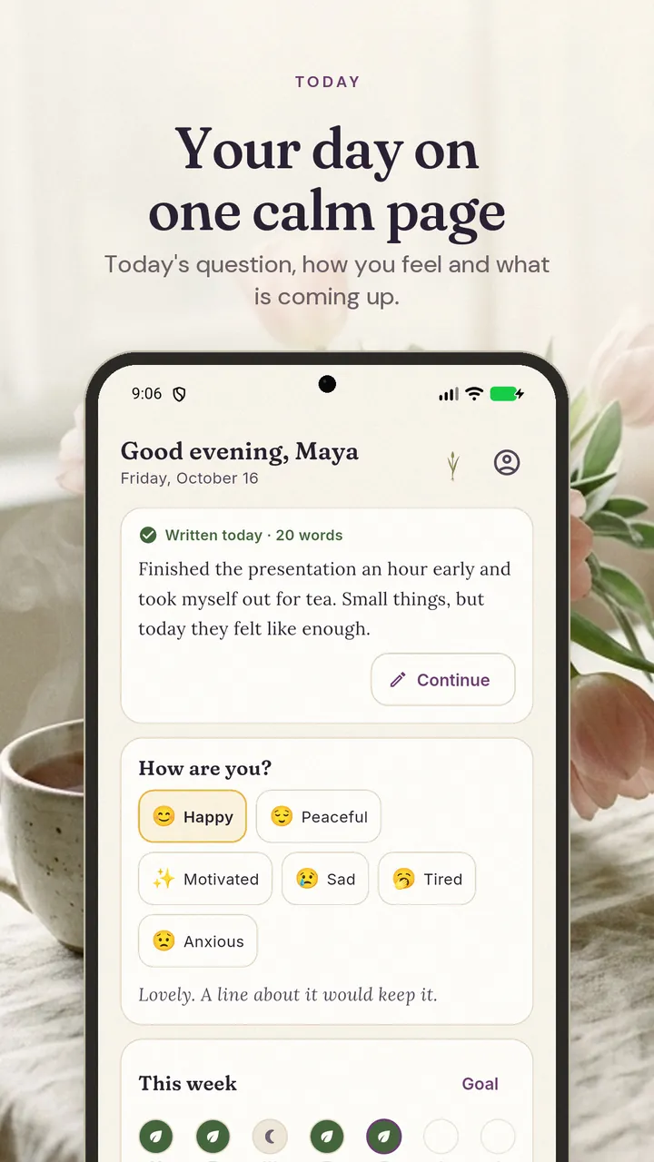 Today screen with the day's entry, a mood picker from Happy to Anxious and the week's progress