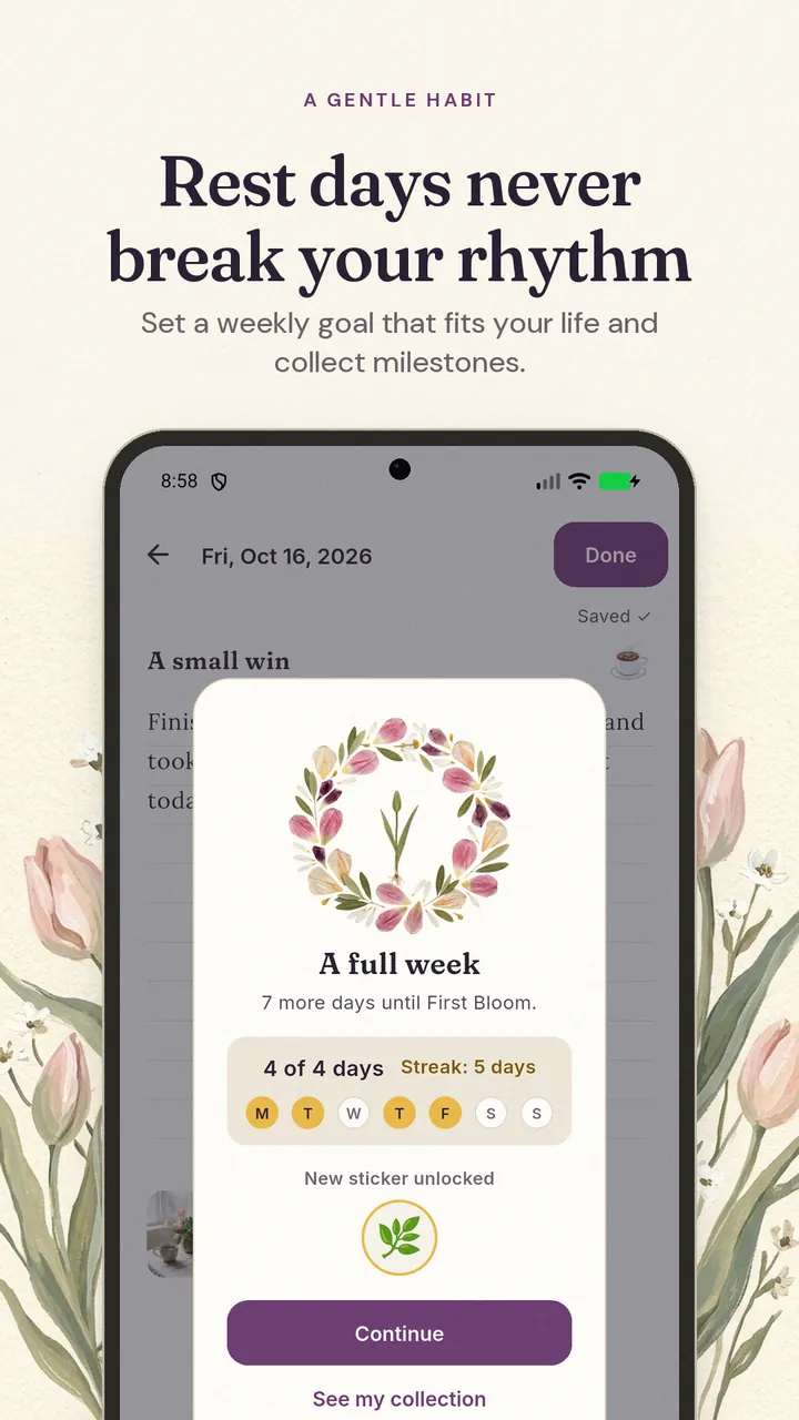 Milestone screen celebrating a full week of journaling with a new sticker unlocked