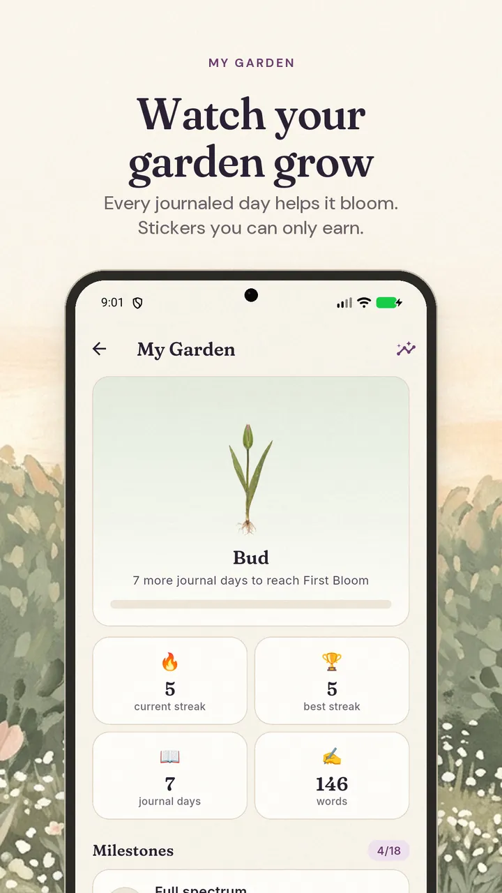 My Garden screen with a growing tulip, a five-day streak, seven journal days and 146 words