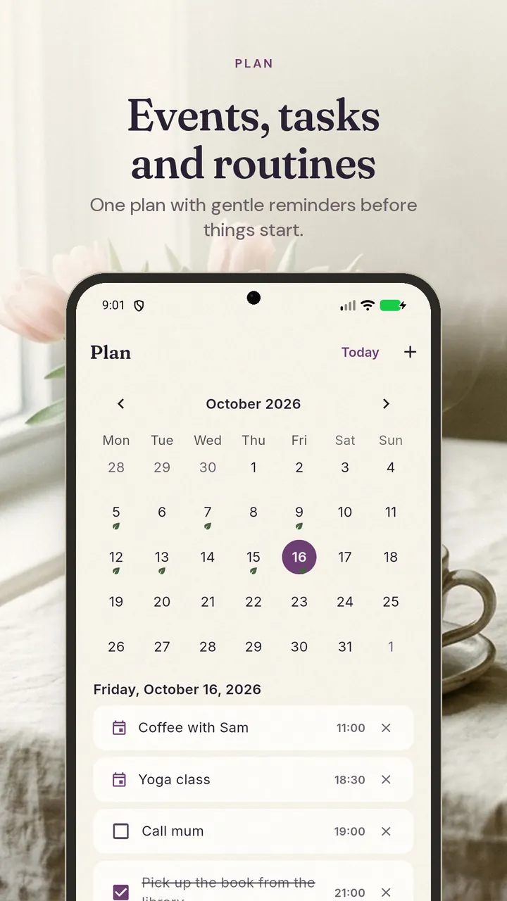 Plan view with an October calendar and the day's events and tasks with times