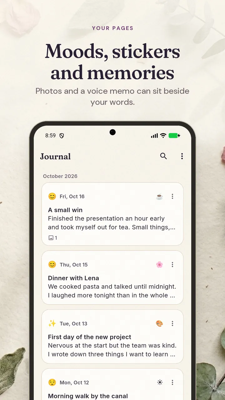 Journal list of dated entries with moods, titles and the first lines of text