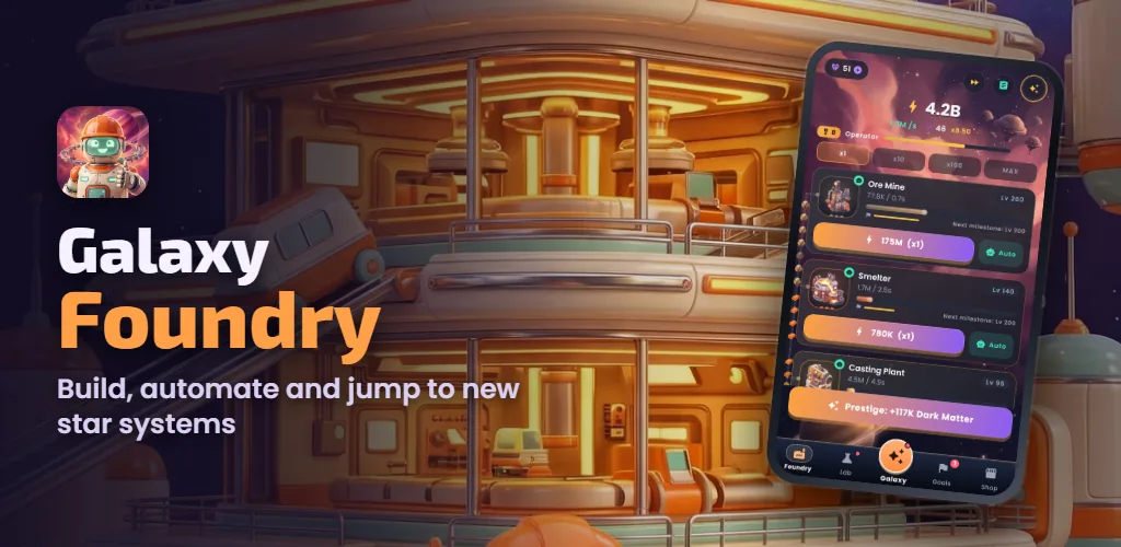 Galaxy Foundry — A relaxed idle factory in orbit: start one machine and grow a whole production line