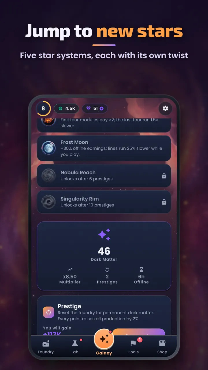 The star map listing Frost Moon and the locked Nebula Reach and Singularity Rim, above the Dark Matter and Prestige panel